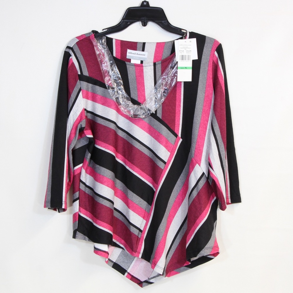 Alfred Dunner Theater District Multicolor Asymmetric Hem Spliced Stripe Top NWT